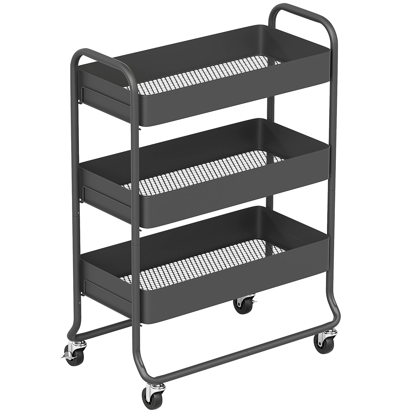 Rakemi Metal Black 3 Tier Rolling Utility Trolley With Mesh Baskets