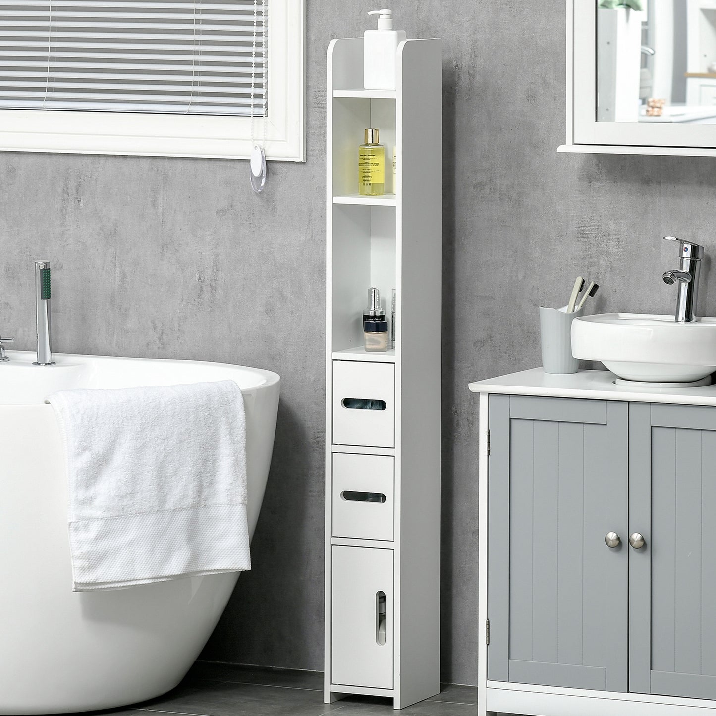 Rizi Tall Freestanding Bathroom Storage Unit With OFauxn Shelves And Cupboards White