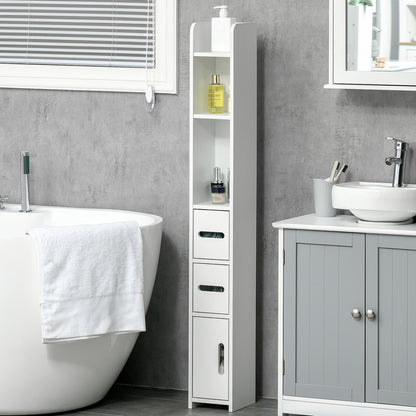Rizi Tall Freestanding Bathroom Storage Unit With OFauxn Shelves And Cupboards White