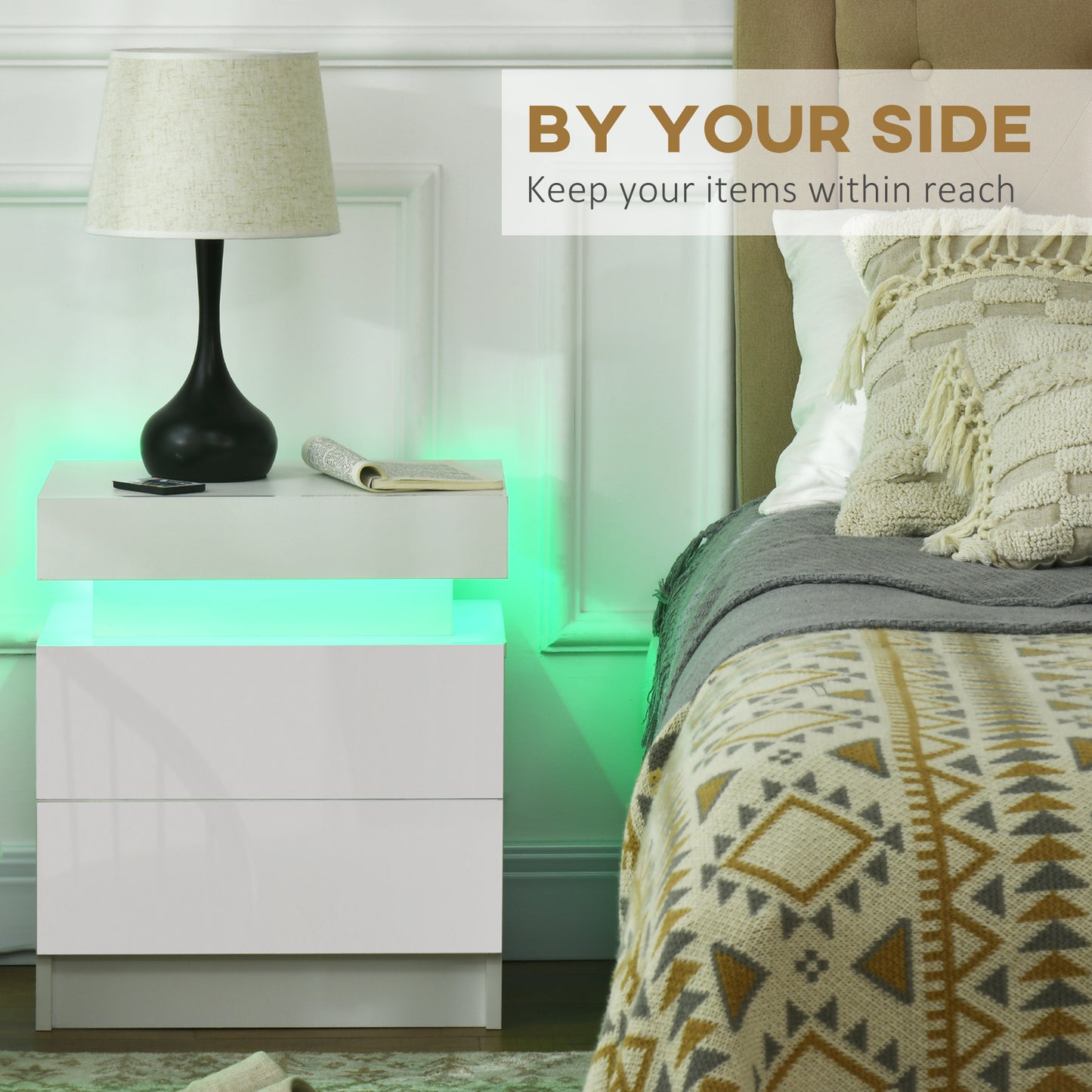 Rema High Gloss White Bedside Table With LED Lighting And 2 Drawer Storage