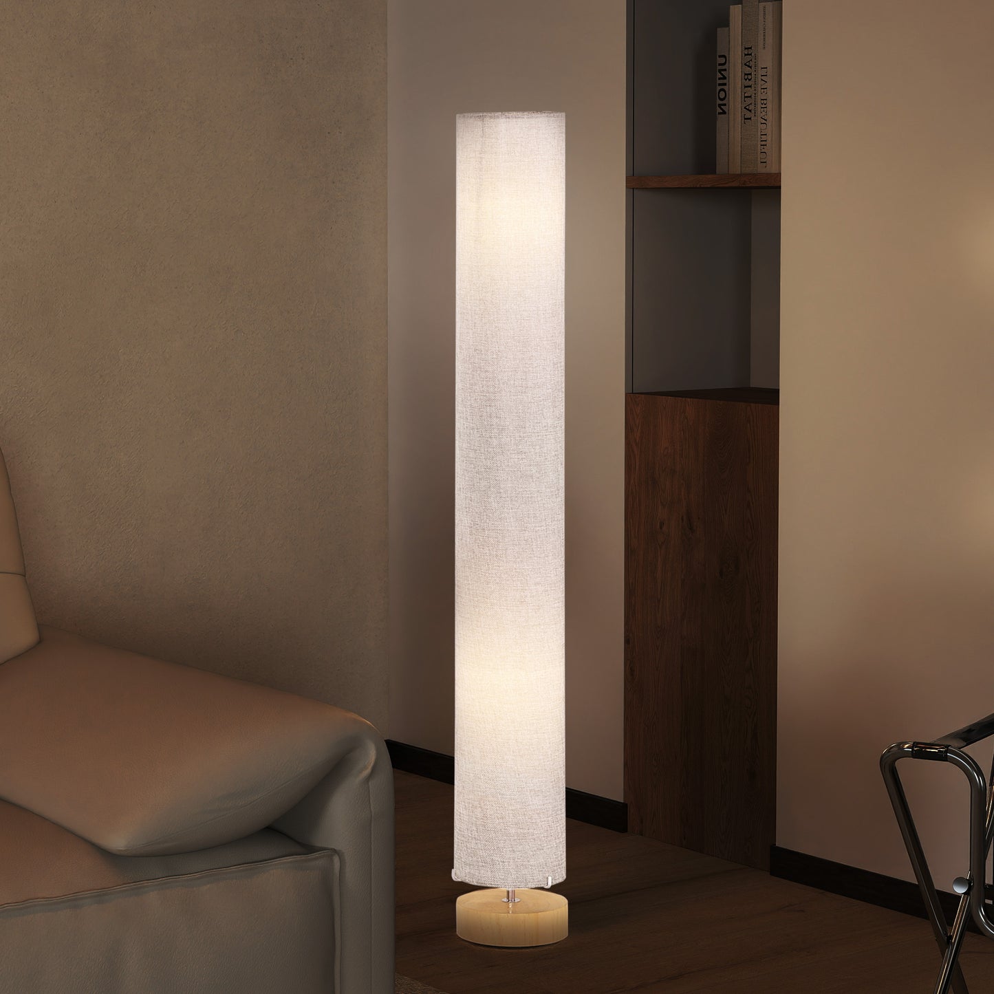 Luretti Wood And Fabric Grey Modern Standing Floor Lamp With Linen Shade 120cm