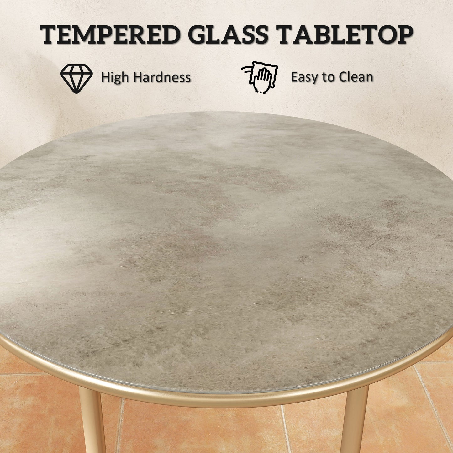 Bake Steel Beige Round Side Table With Faux Marble Glass Top