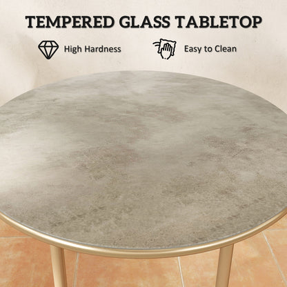 Bake Steel Beige Round Side Table With Faux Marble Glass Top