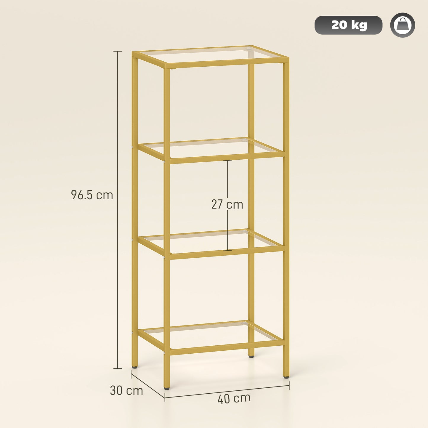 Nopazi Tofi Metal And Glass Gold Tone 4 Tier Vertical Display Shelving Unit