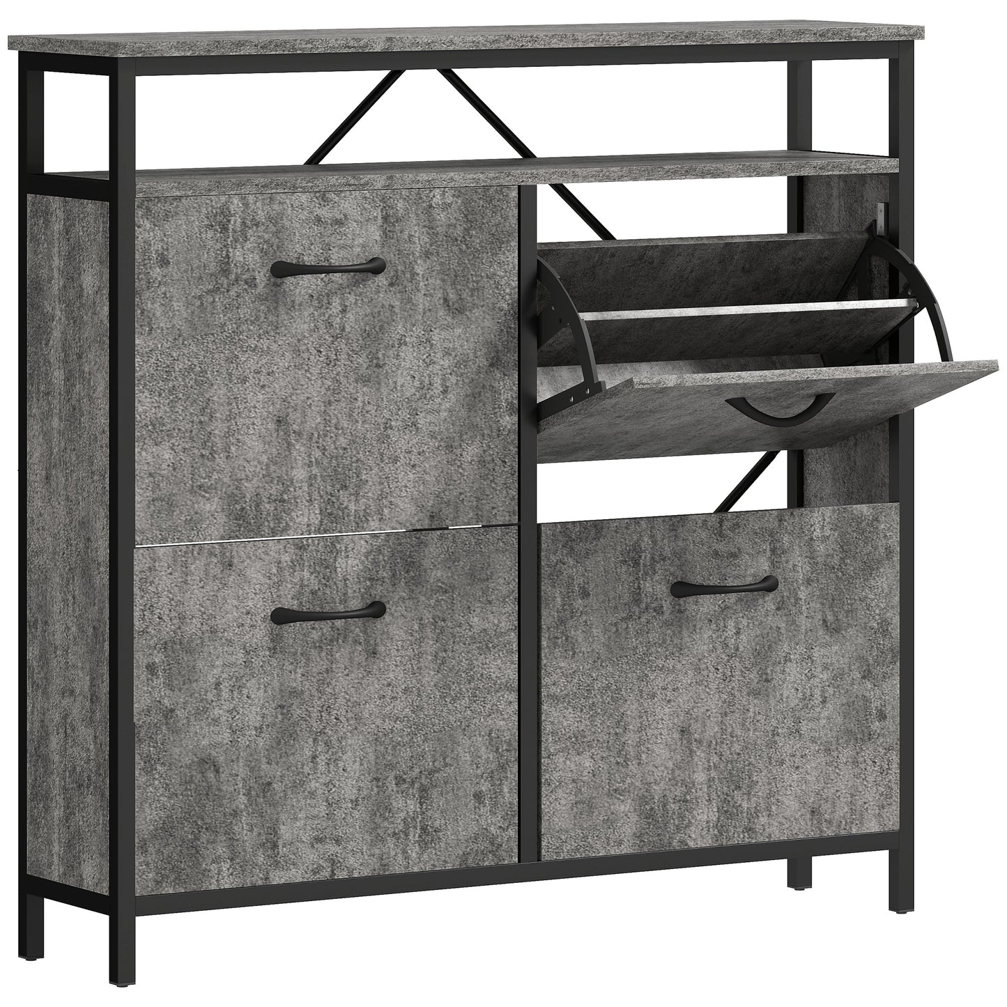 Verala Wooden Cement Effect Grey Shoe Cabinet With 4 Flip Drawers And Shelf