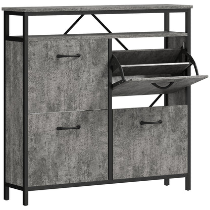 Verala Wooden Cement Effect Grey Shoe Cabinet With 4 Flip Drawers And Shelf