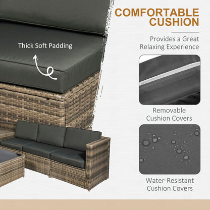 Lofa Rattan Brown 6 Seater Outdoor Corner Sofa Set With Cushions And Glass Coffee Table