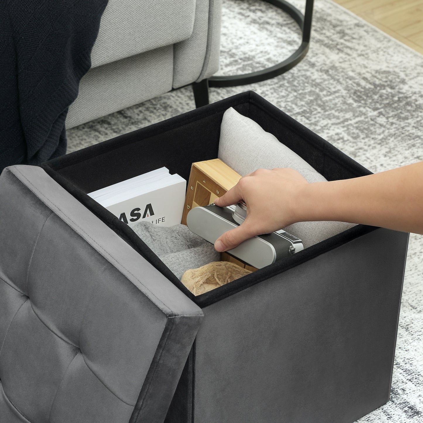Nasedo Square Velvet Grey Foldable Storage Ottoman with Removable Lid