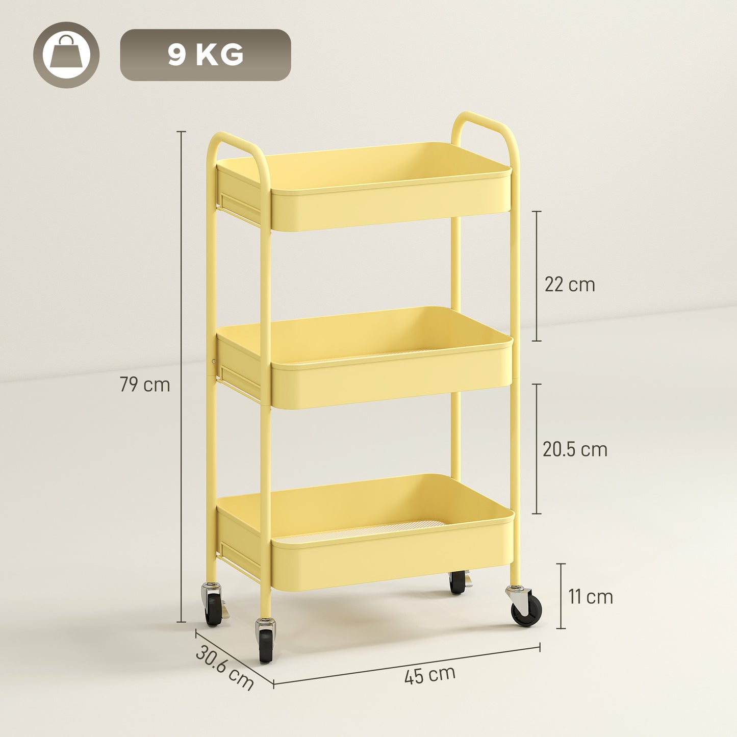 Firi Metal Yellow 3 Tier Steel Storage Trolley With Wheels