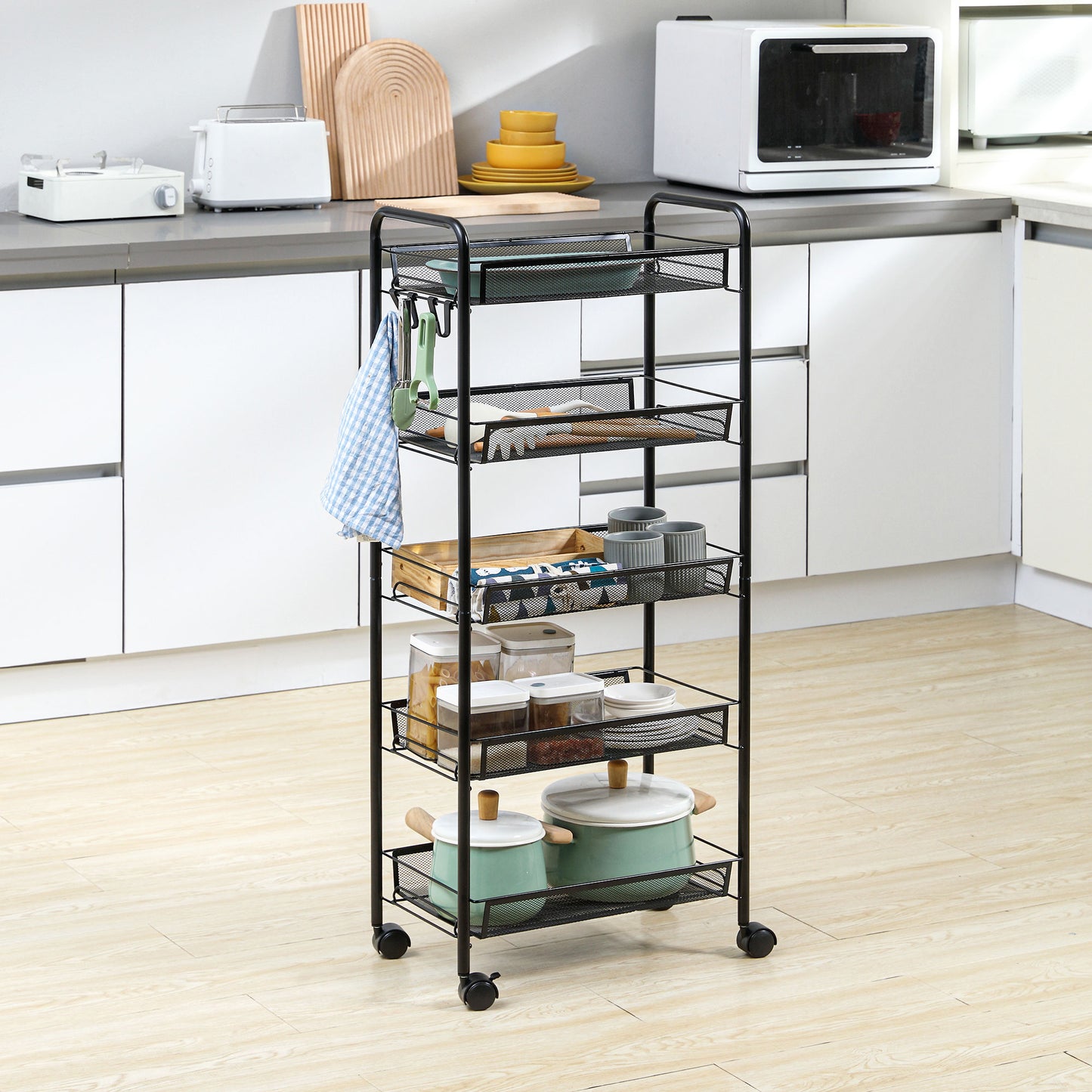 Velu Metal Black 5 Basket Steel Storage Trolley With Wheels