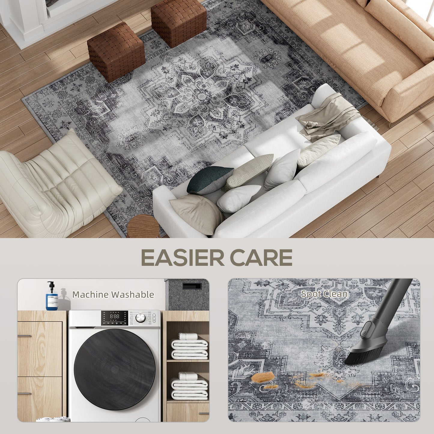 Vera 290 x 200 cm Polyester Grey Vintage Style Non Slip Washable Rug
