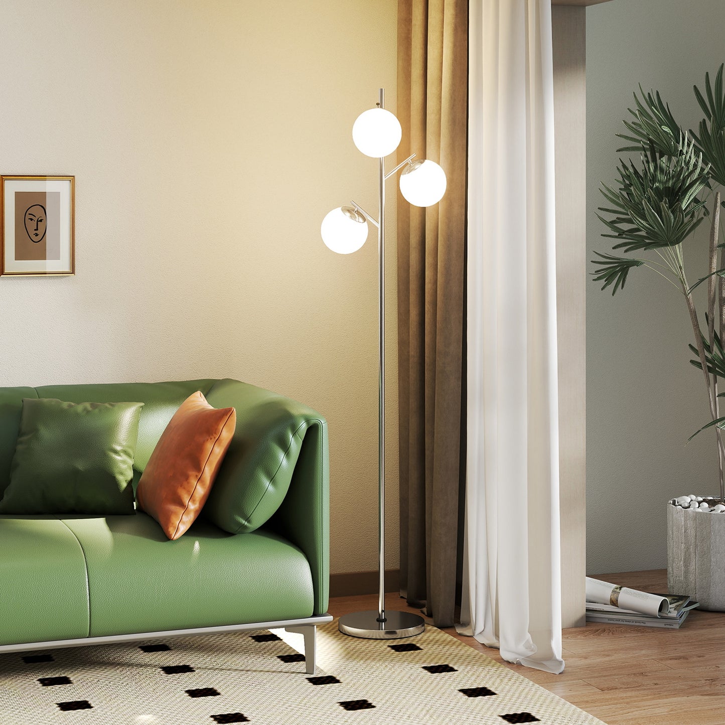 Kaniri Metal Silver 3 Light Tree Floor Lamp With Globe Shades Adjustable Colour Light