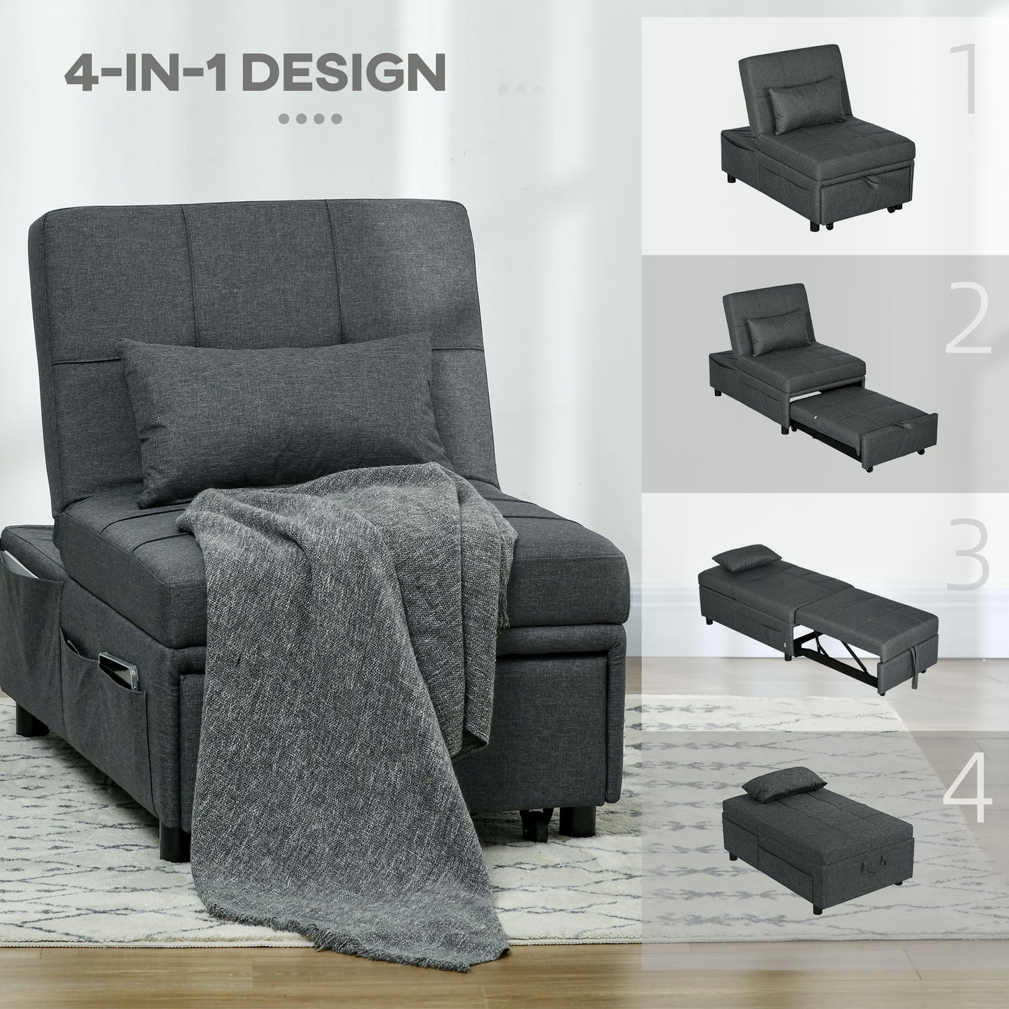 Bazi Fabric Grey 4 In One Convertible Chair Bed With Adjustable Back Side Pocket Wheels And Pillow
