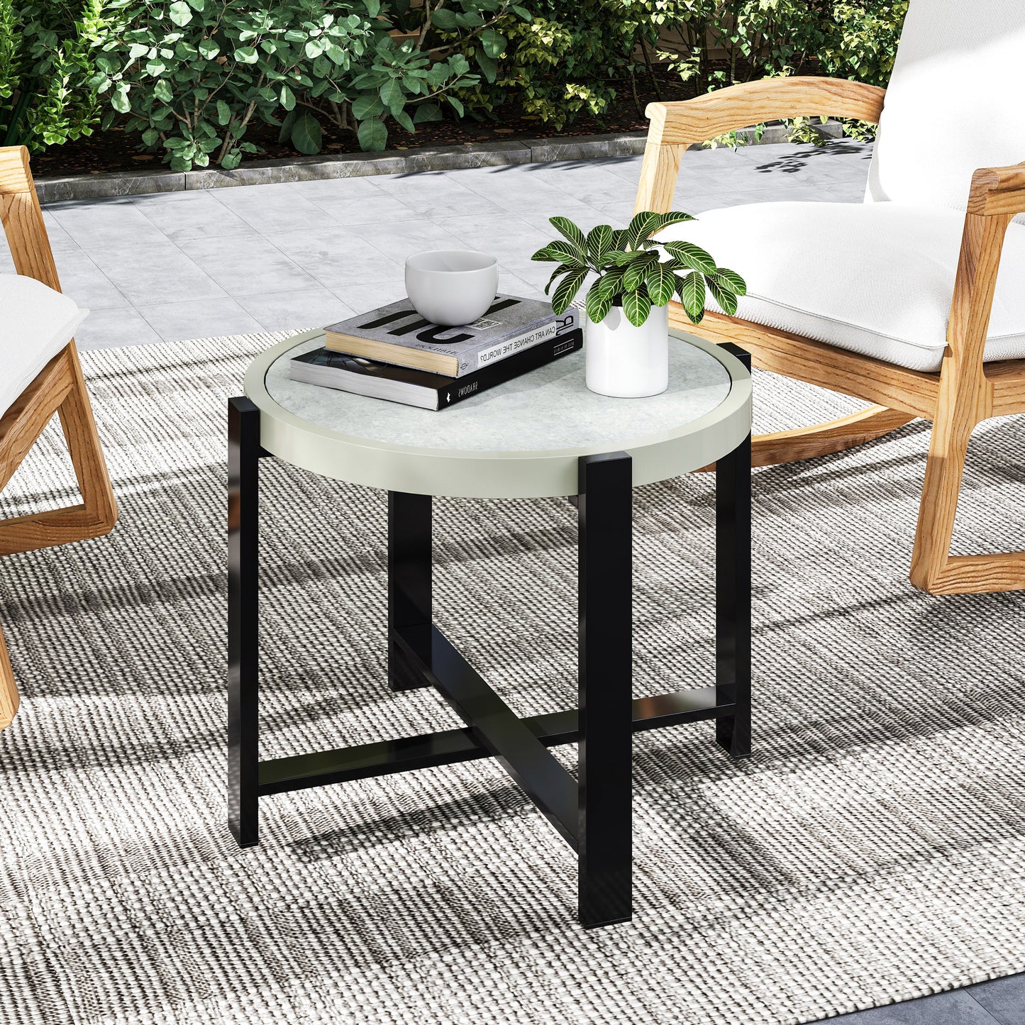 Linado Aluminium Light Grey Round Outdoor Side Table With Marble Effect Glass Top