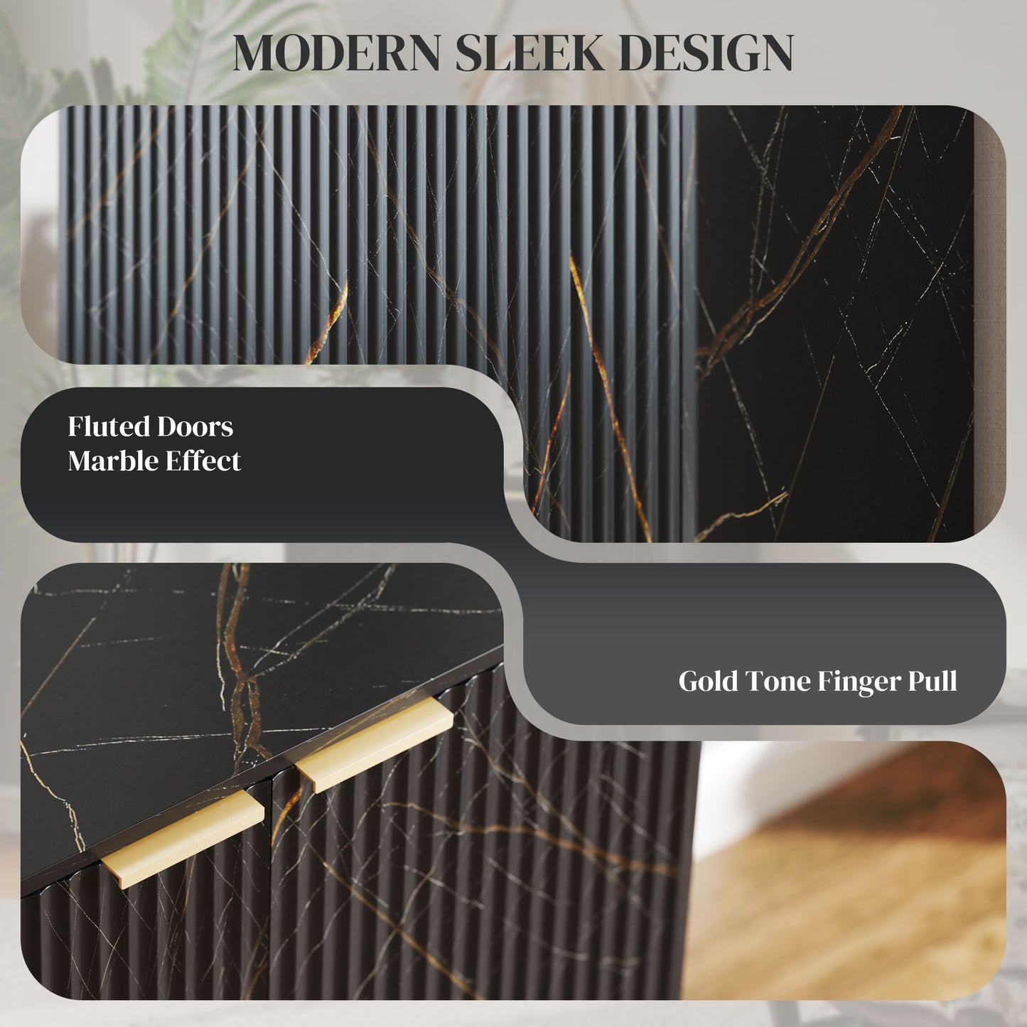 Nomi Black And Gold Elegant Sideboard With Ribbed Finish