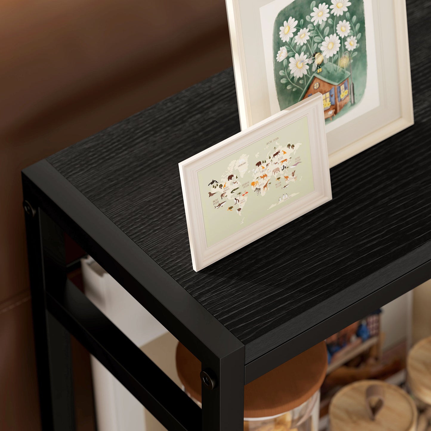Notosu Metal And Wooden Black Industrial 3 Shelf Side Table