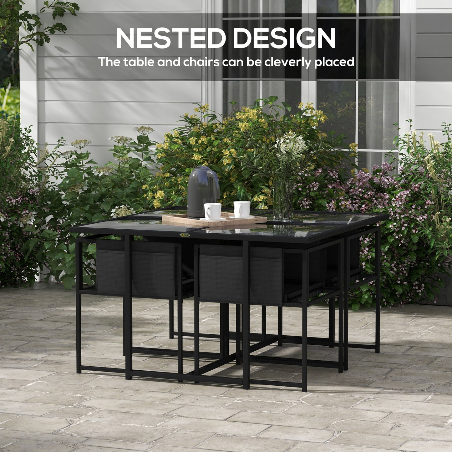 Bamico 4 Seater Metal Black Garden Dining Set With Mesh Seats And Glass Table