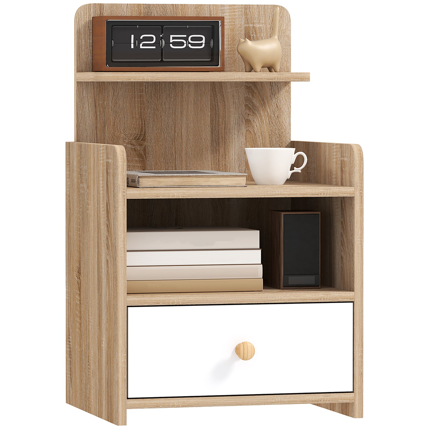 Tahadi White And Wood Effect Multi Storage Bedside Table