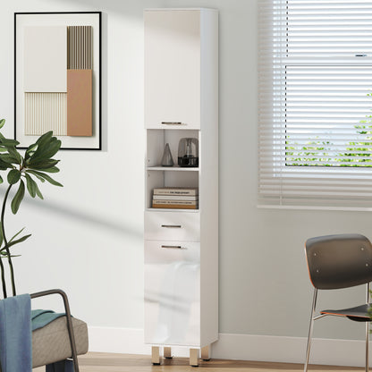 Secoli Tall Slim High Gloss White Storage Cabinet With Drawers Shelves And Double Doors