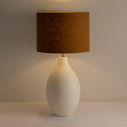 Long Island Large Round White Bamboo Table Lamp with Ochre Shade