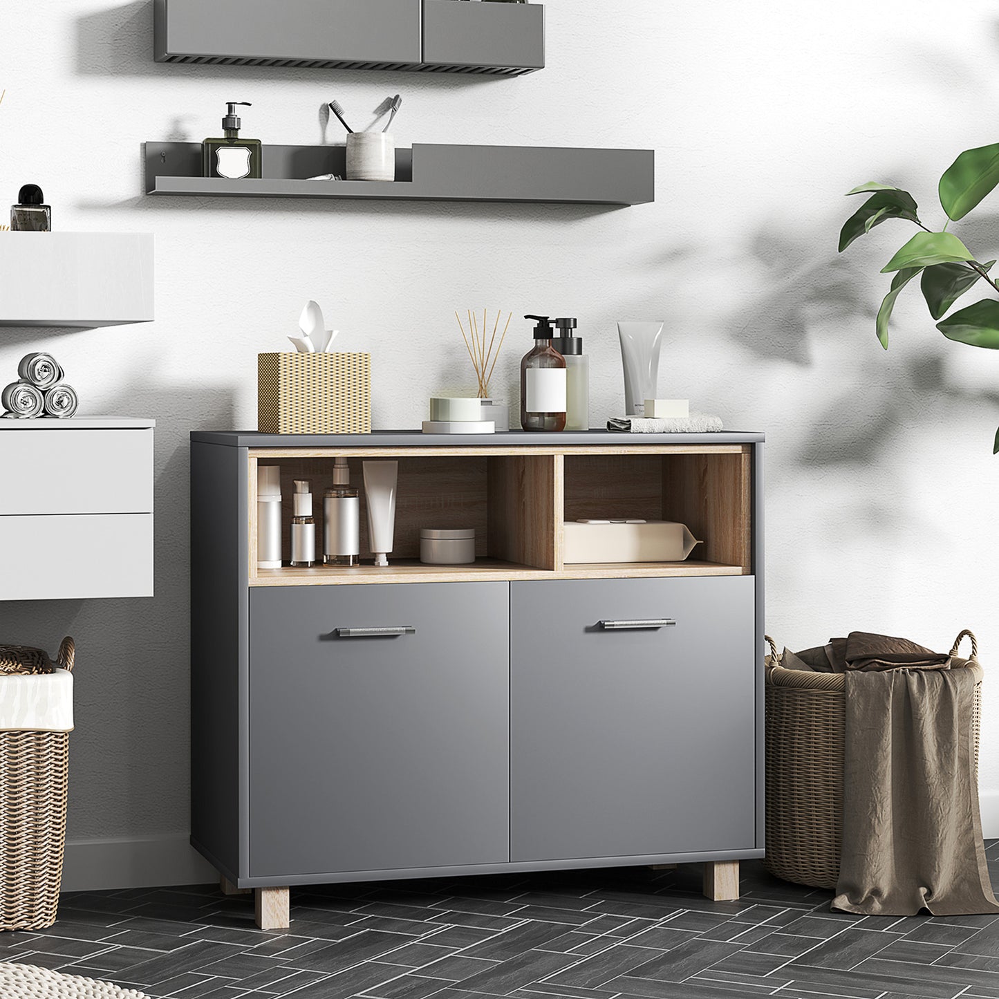 Cosano Freestanding Bathroom Storage Cabinet With Open Compartments And Double Doors