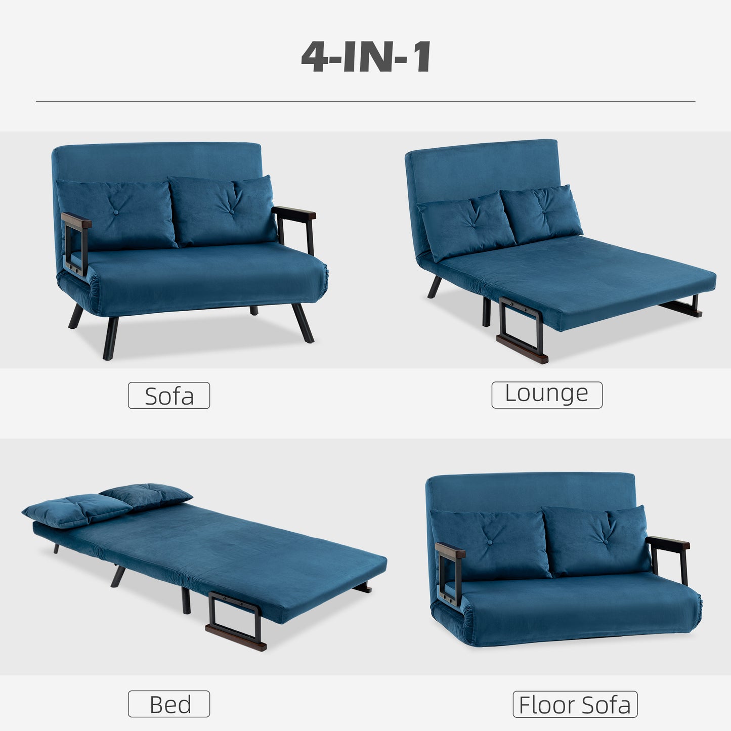 Lenasu Nasa Velvet Blue 4 In One Convertible Double Sofa Bed With Cushions