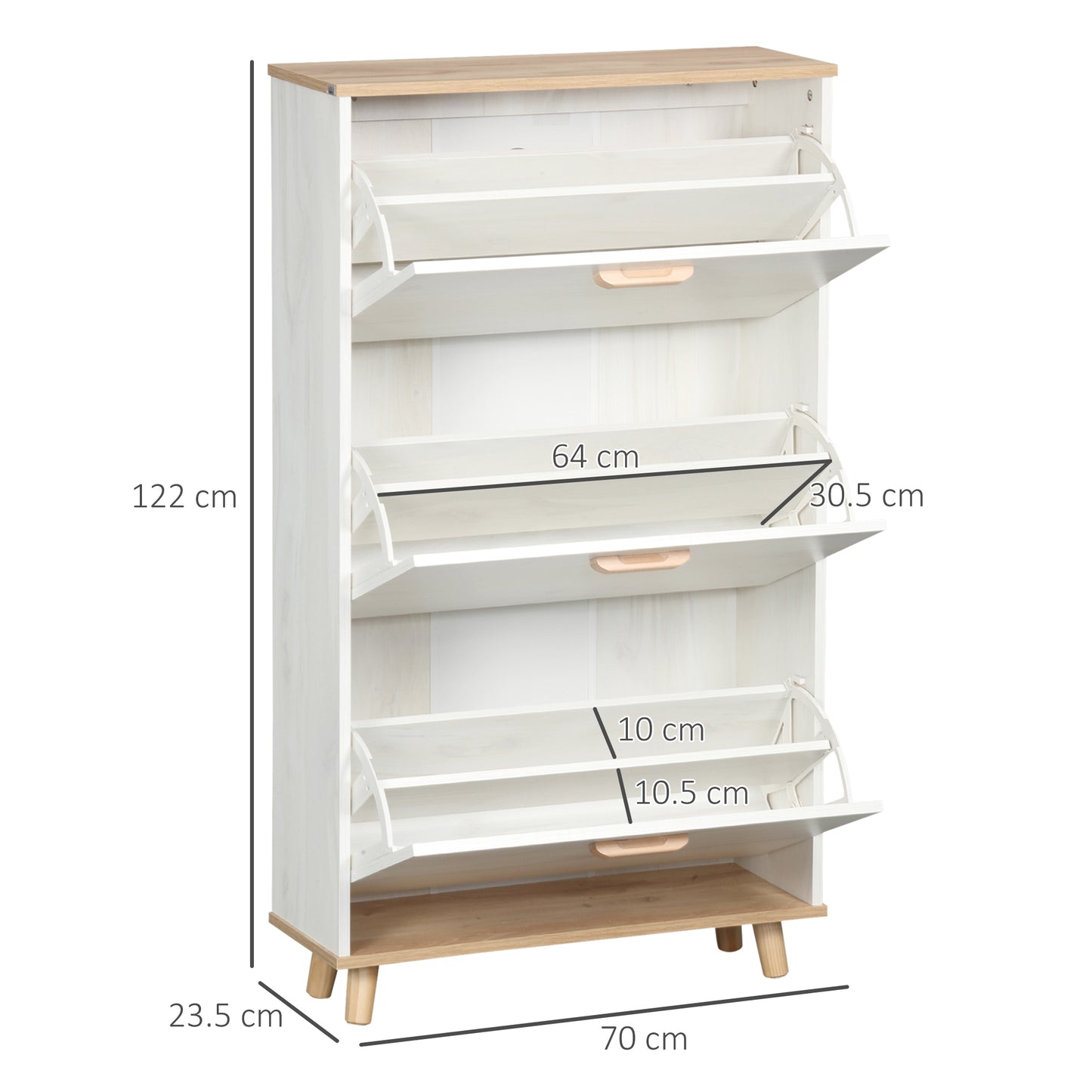 Romola Wooden White and Natural Slim Shoe Cabinet With 3 Flip Drawers For 12 Pairs