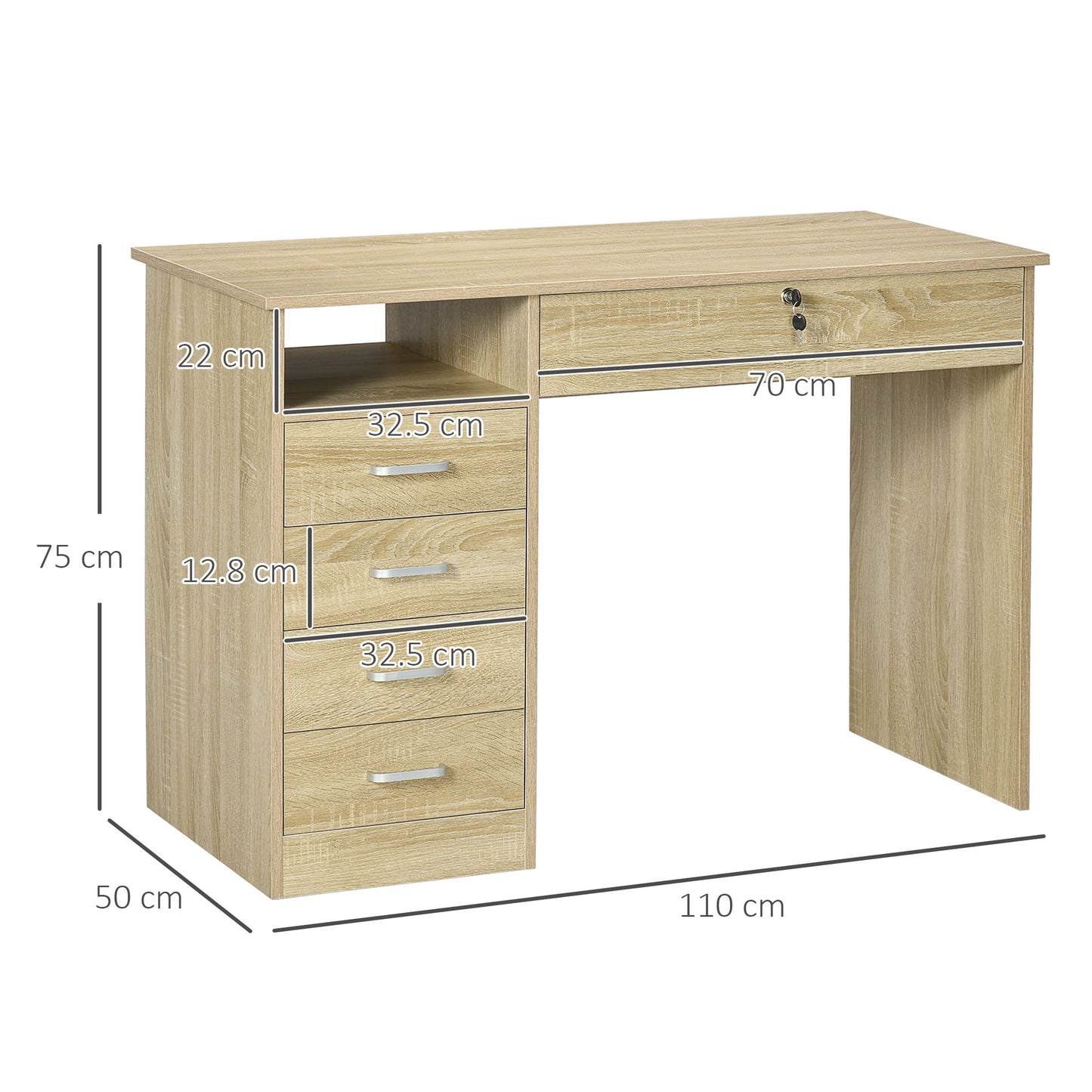 Yodino 110cm Oak Finish Home Office Desk With 5 Drawers And Side Shelving