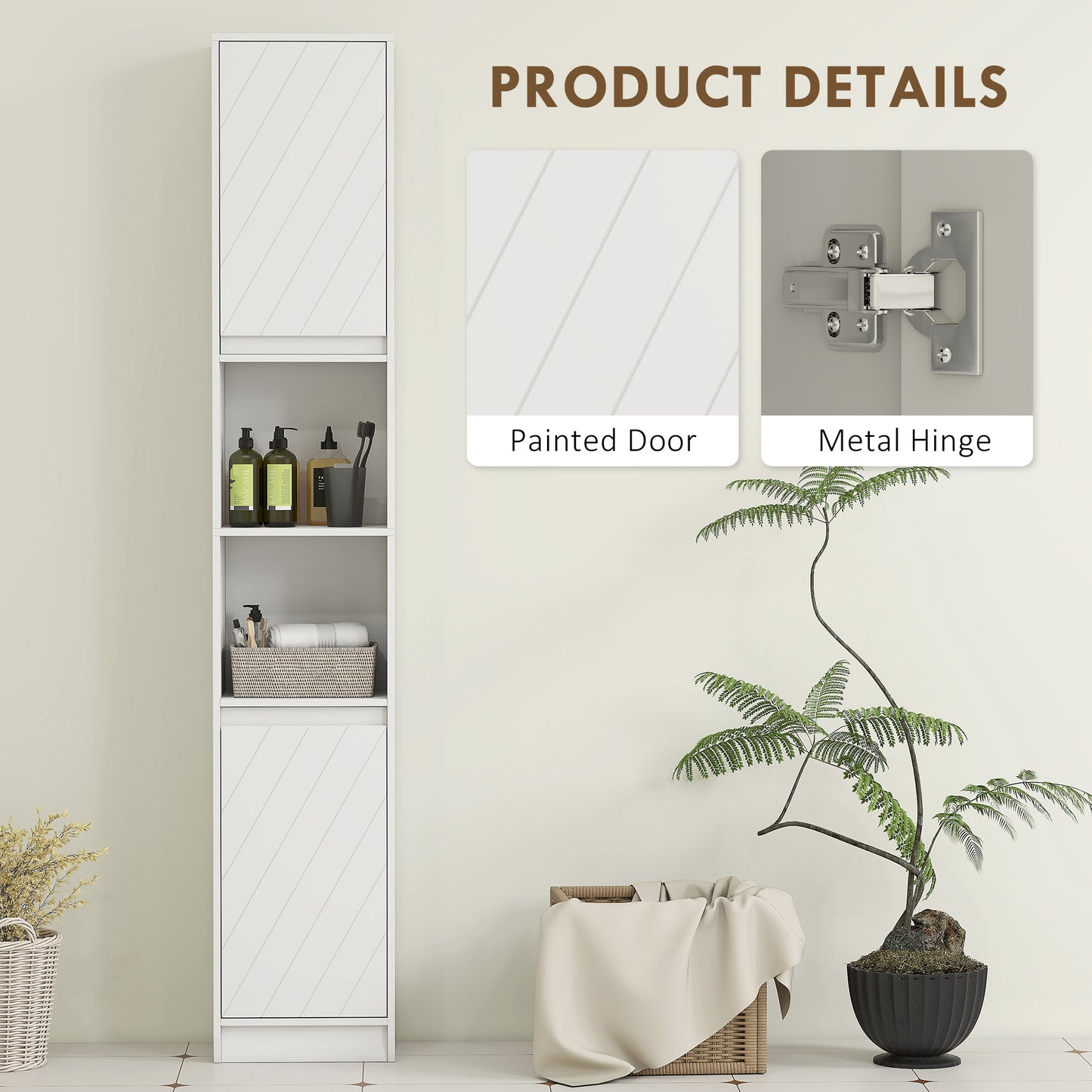 Fibava Slim Freestanding Bathroom Storage Cabinet With OFauxn Compartment Adjustable Shelves White 30 x 24 x 170 cm