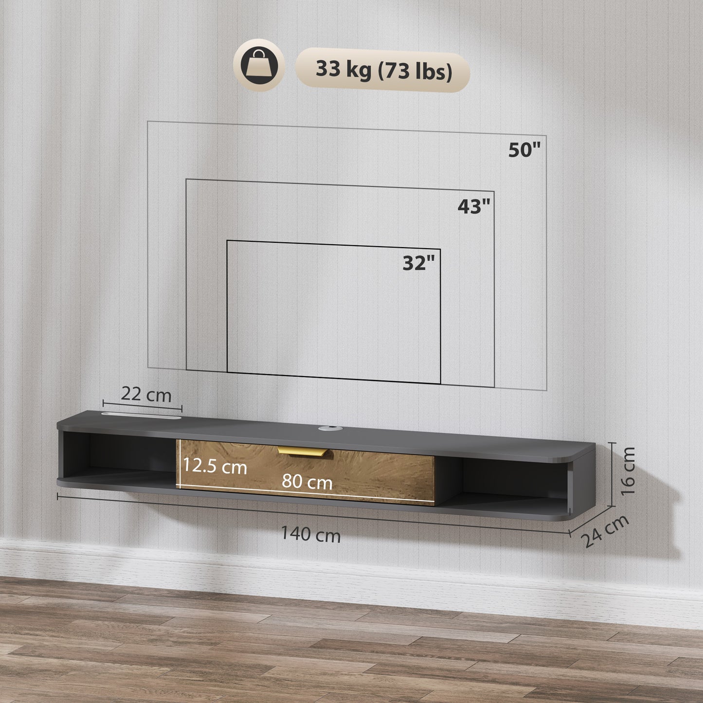 Nova 140cm Wooden Charcoal Grey and Natural Floating TV Stand With Storage