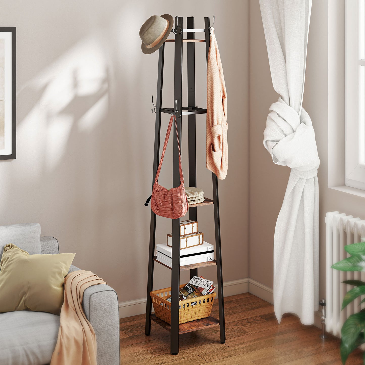 Kareva Metal And Wood Brown And Black 4 Tier Industrial Coat Stand With Shelves