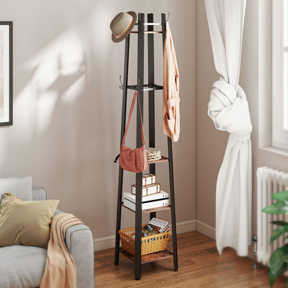 Kareva Metal And Wood Brown And Black 4 Tier Industrial Coat Stand With Shelves