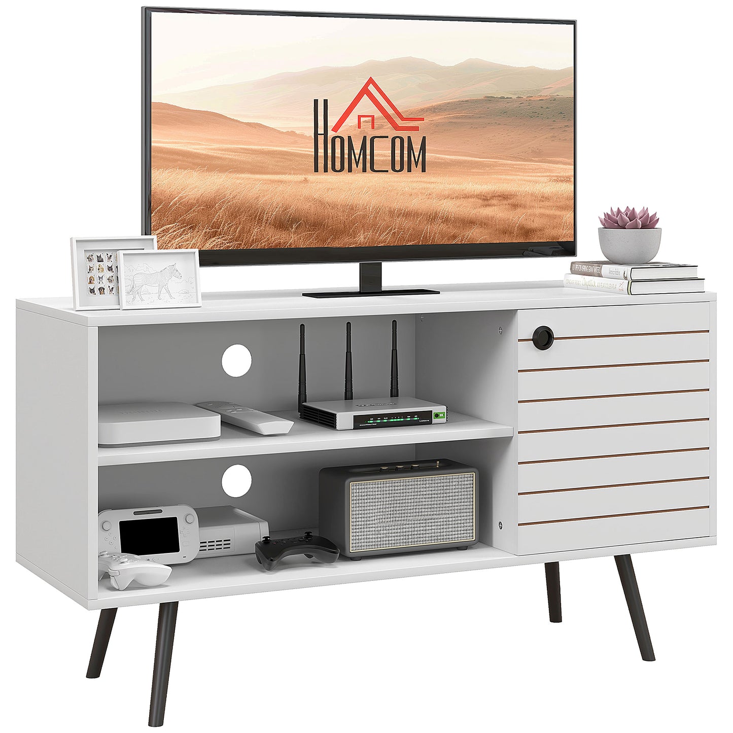 Baelva 110cm Vale Wooden White Duo Storage TV Unit With Stipe Door Design