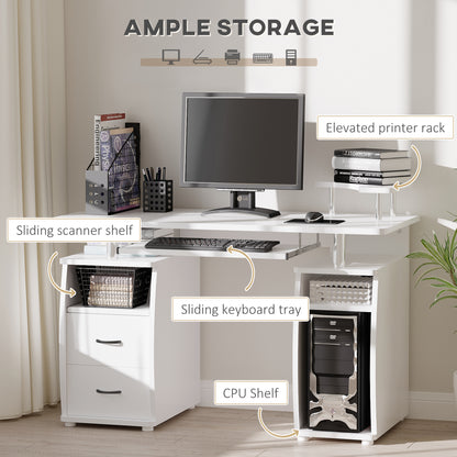 Risaso 120cm White Office Desk With Sliding Keyboard Tray 2 Drawers And Shelving