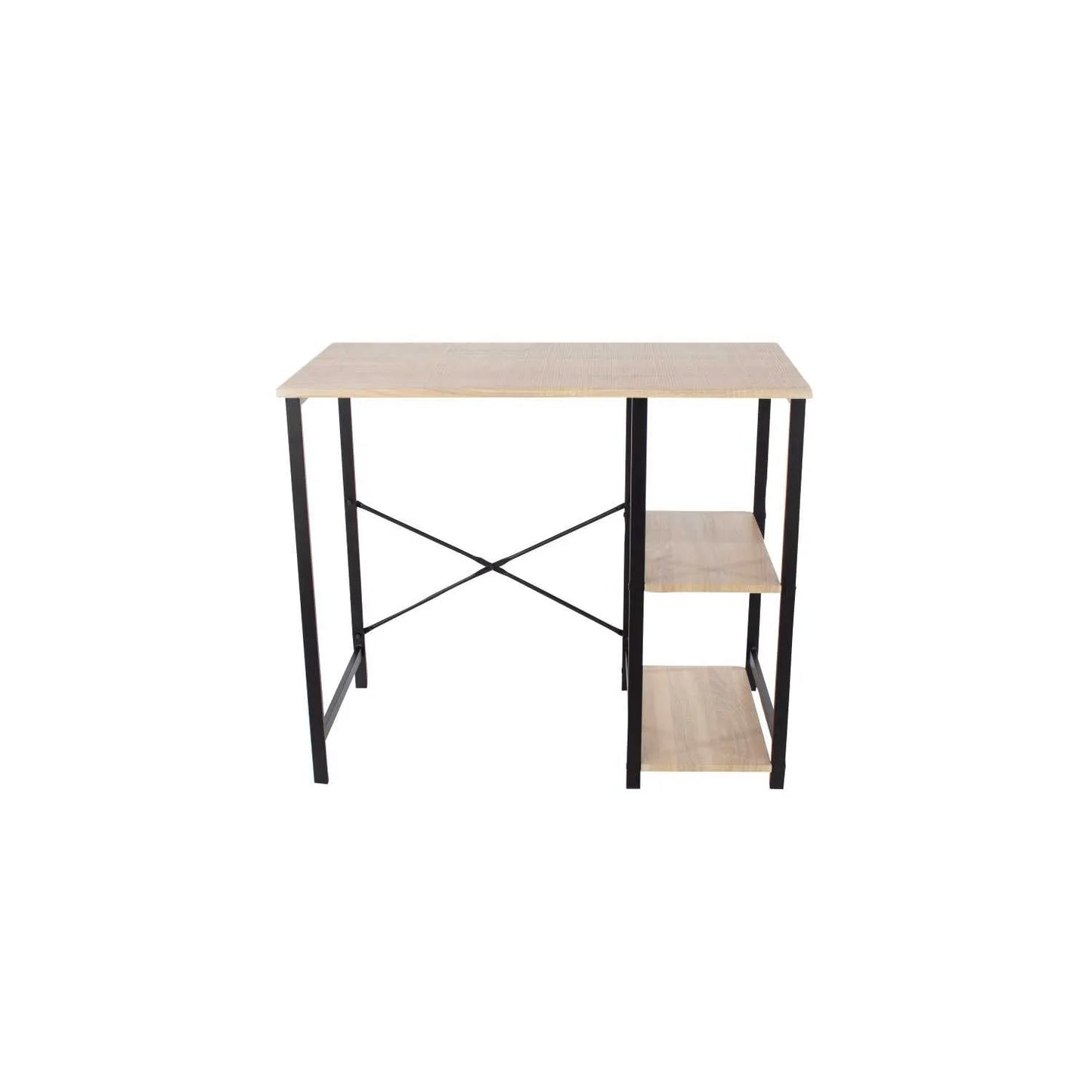 Bodrum Oak Wood Study Desk With Side Storage Shelves And Black Metal Legs