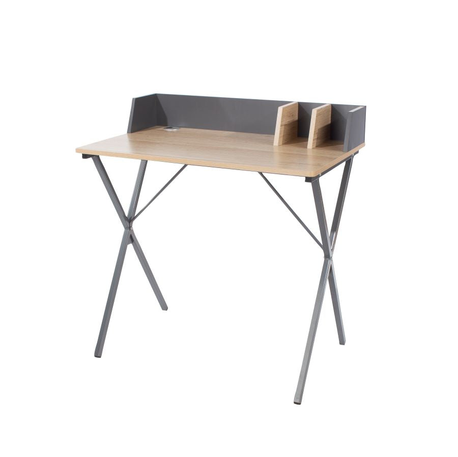 Megara Oak Wood Study Desk With Dividers And Grey Metal Cross Legs