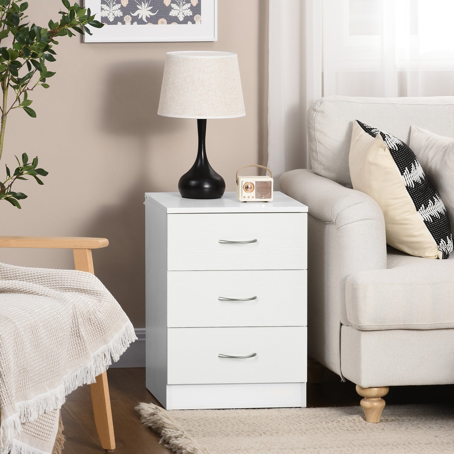 Yotose White Wood 3 Drawer Bedside Table with Silver Metal Handles