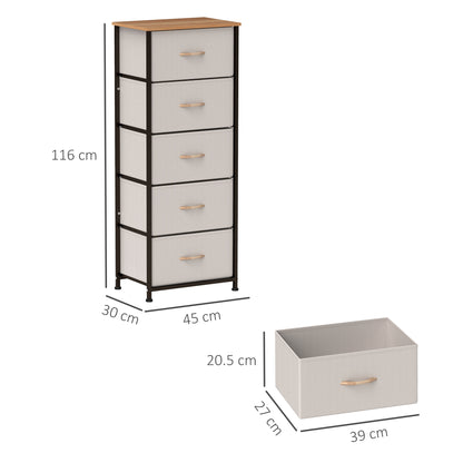 Yona Metal And Fabric Cream White 5 Drawer Industrial Storage Dresser With Steel Frame