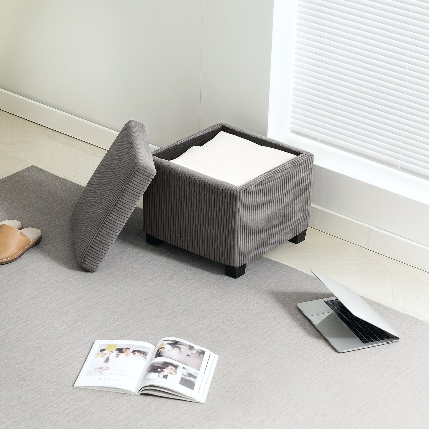 Creccette Corduroy Grey Storage Square Ottoman Bench With Removable Lid