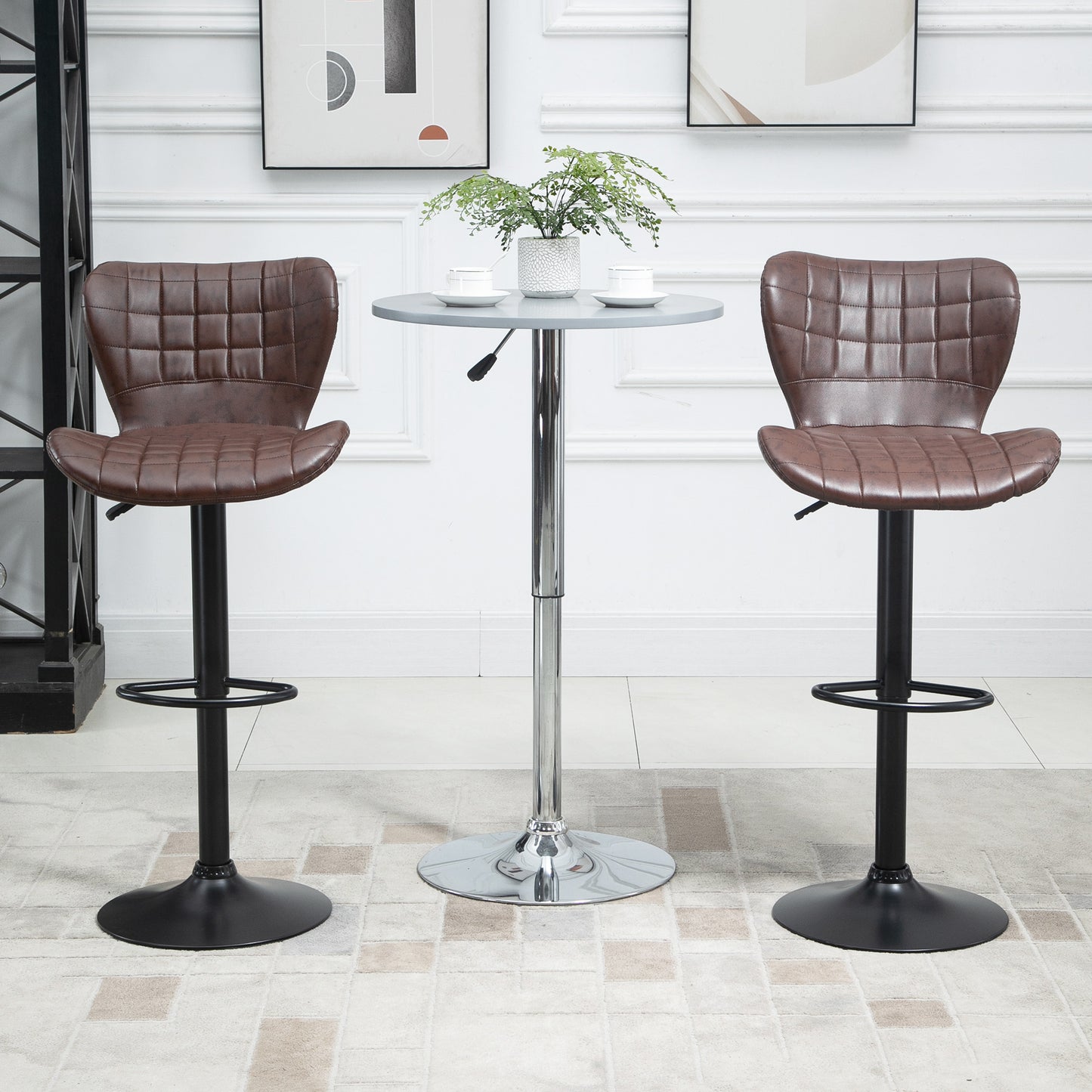 Setora Set Of 2 Faux Leather Brown Adjustable Bar Chairs With Backrest And Footrest
