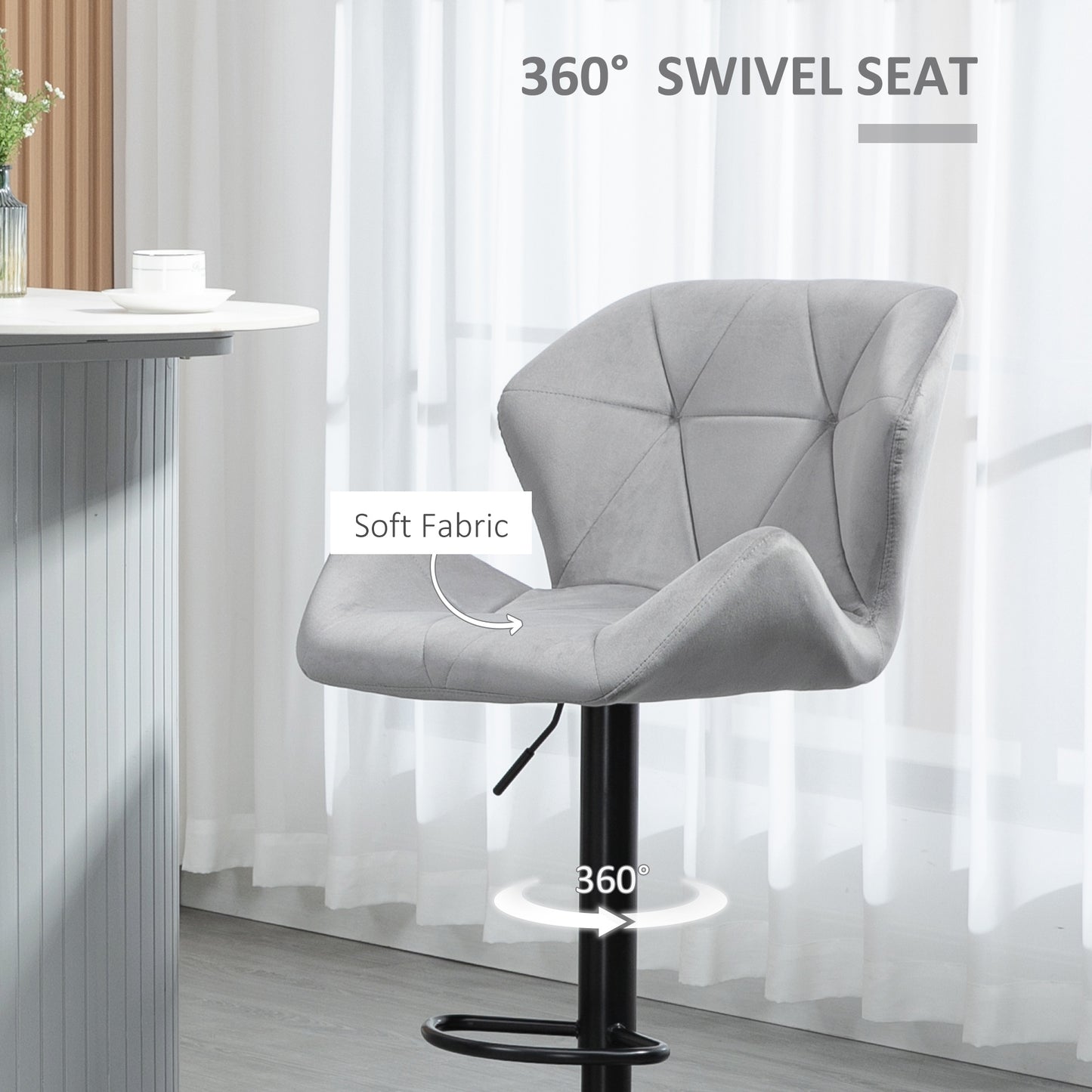 Savi Velvet Grey Adjustable Swivel Bar Stools Set Of 2 With Sculpted Seat And Footrest