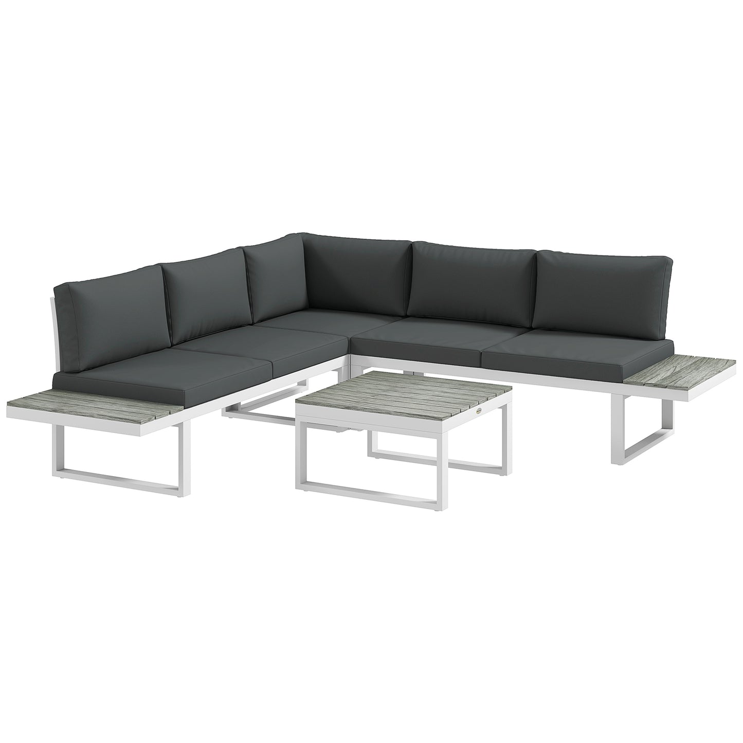 Vayo Metal White Frame 5 Seater Reclining Corner Garden Sofa Set With Wood Effect Table And Grey Cushions