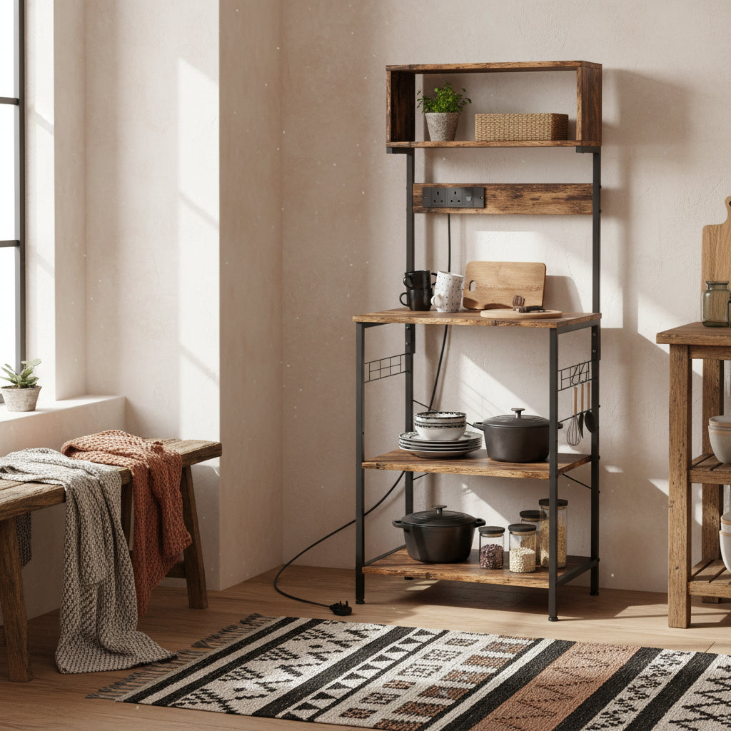 Raco Kale Wooden Rustic Brown Bakers Rack With Power Outlet USB Charging And Adjustable Shelves