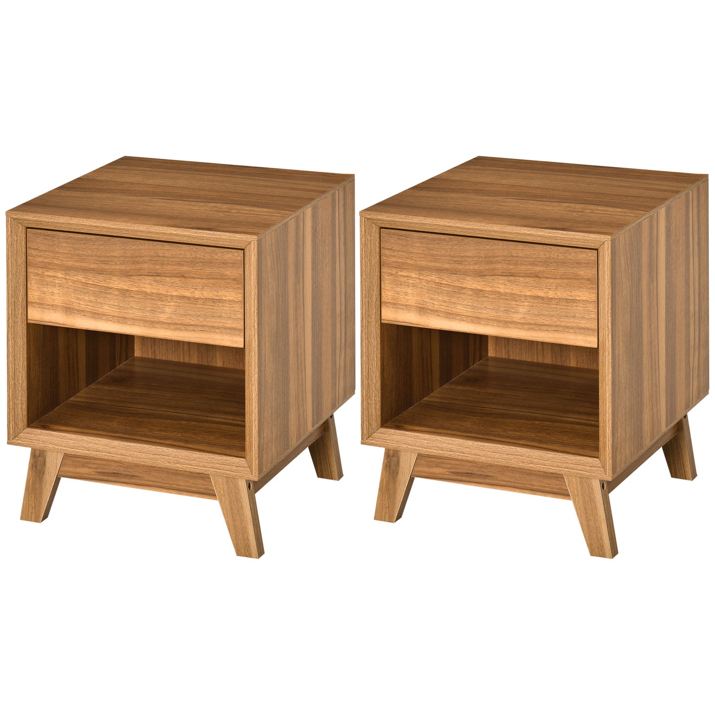 Fatoco  Set Of 2 Wooden Walnut Brown Bedside Tables With Drawer And Shelf