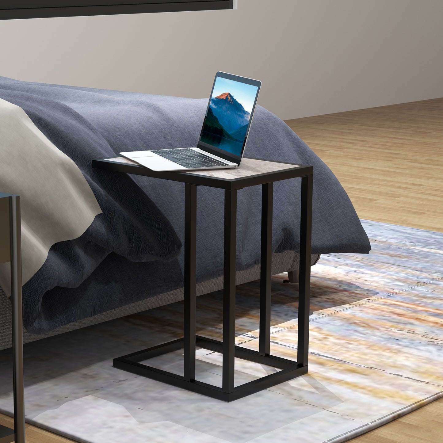 Nonili Metal And Wooden Grey Side Table With Marble Effect Top