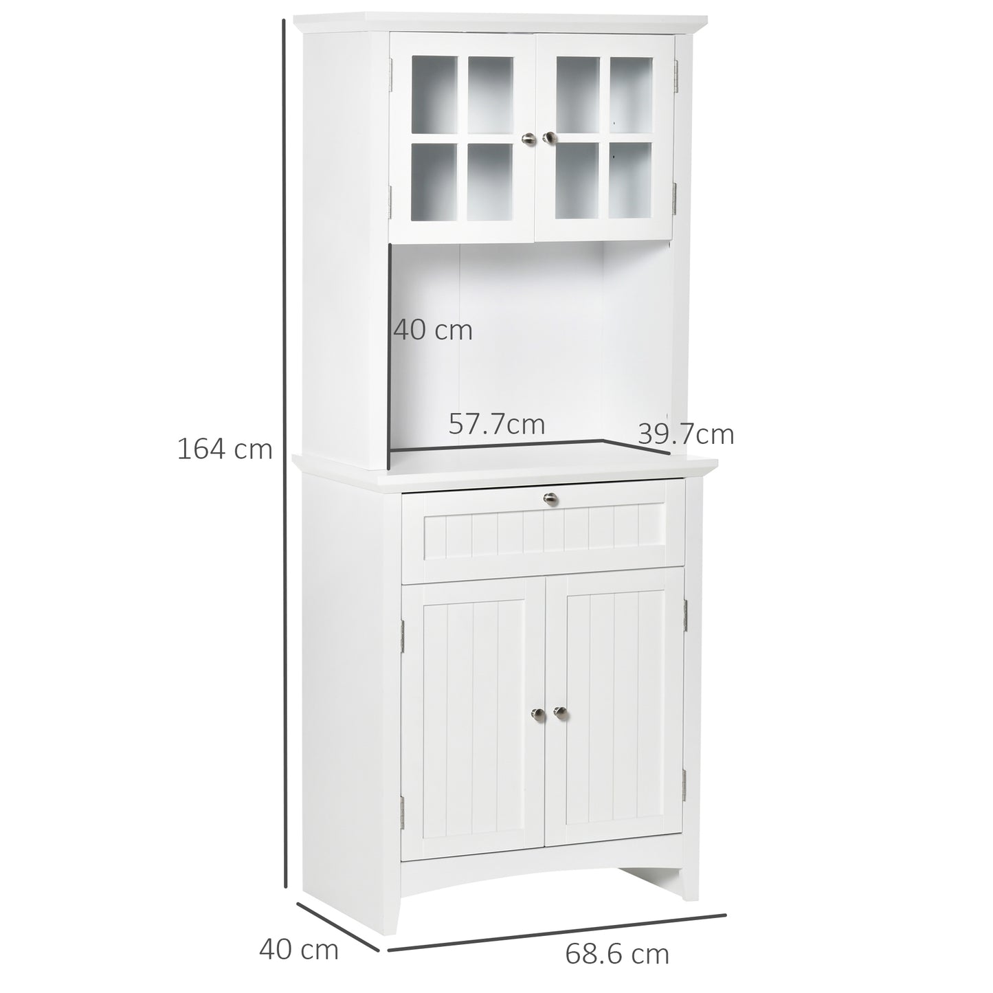 Banira Wooden White Kitchen Cupboard With Framed Glass Door Drawer And Microwave Shelf