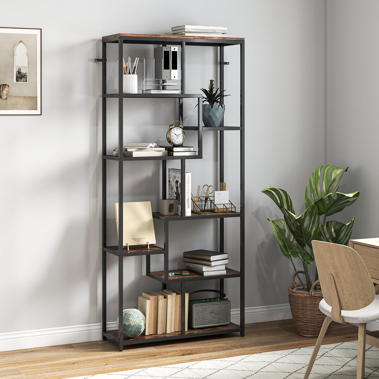 Lulomi Wood And Metal Brown And Black 7 Tier Geometric Display Bookcase