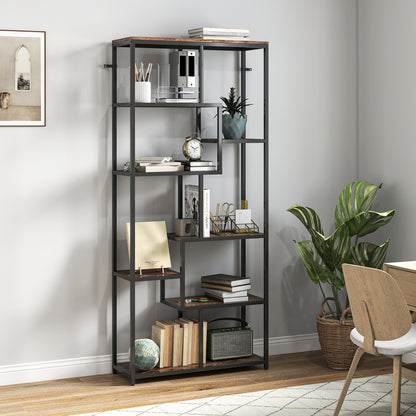 Lulomi Wood And Metal Brown And Black 7 Tier Geometric Display Bookcase