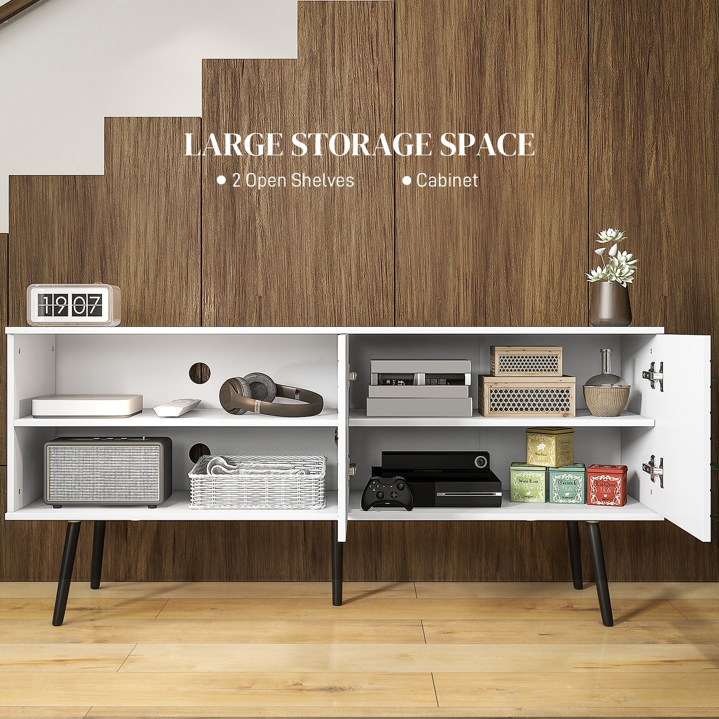 Lare 145cm Wooden White TV Unit With Stripe Doors Open Shelves And Wooden Legs