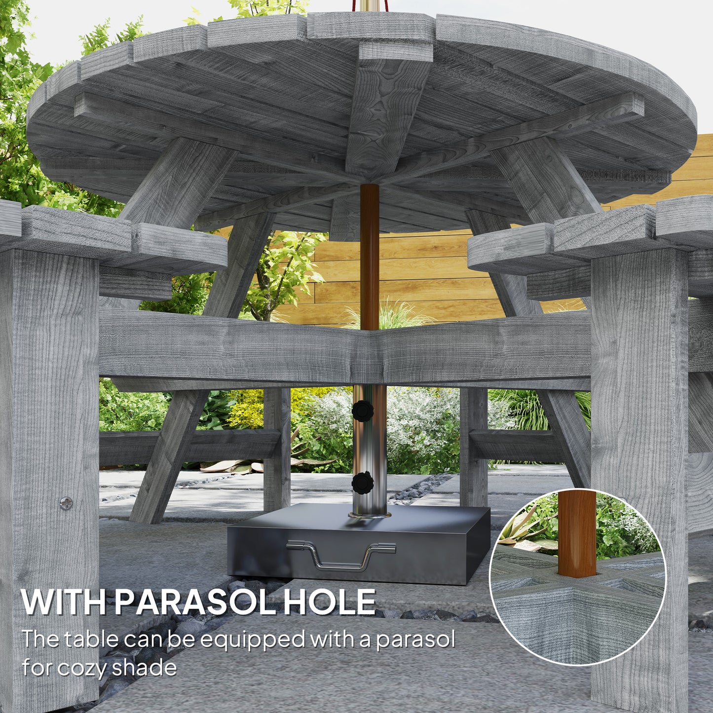 Neel 8 Seater Grey Wood Round Garden Picnic Set Table and Benches